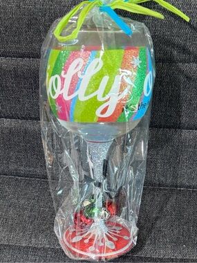 Mud Pie Glitter Holiday Wine Glass, Jolly On Its the holidays & Christmas bells!